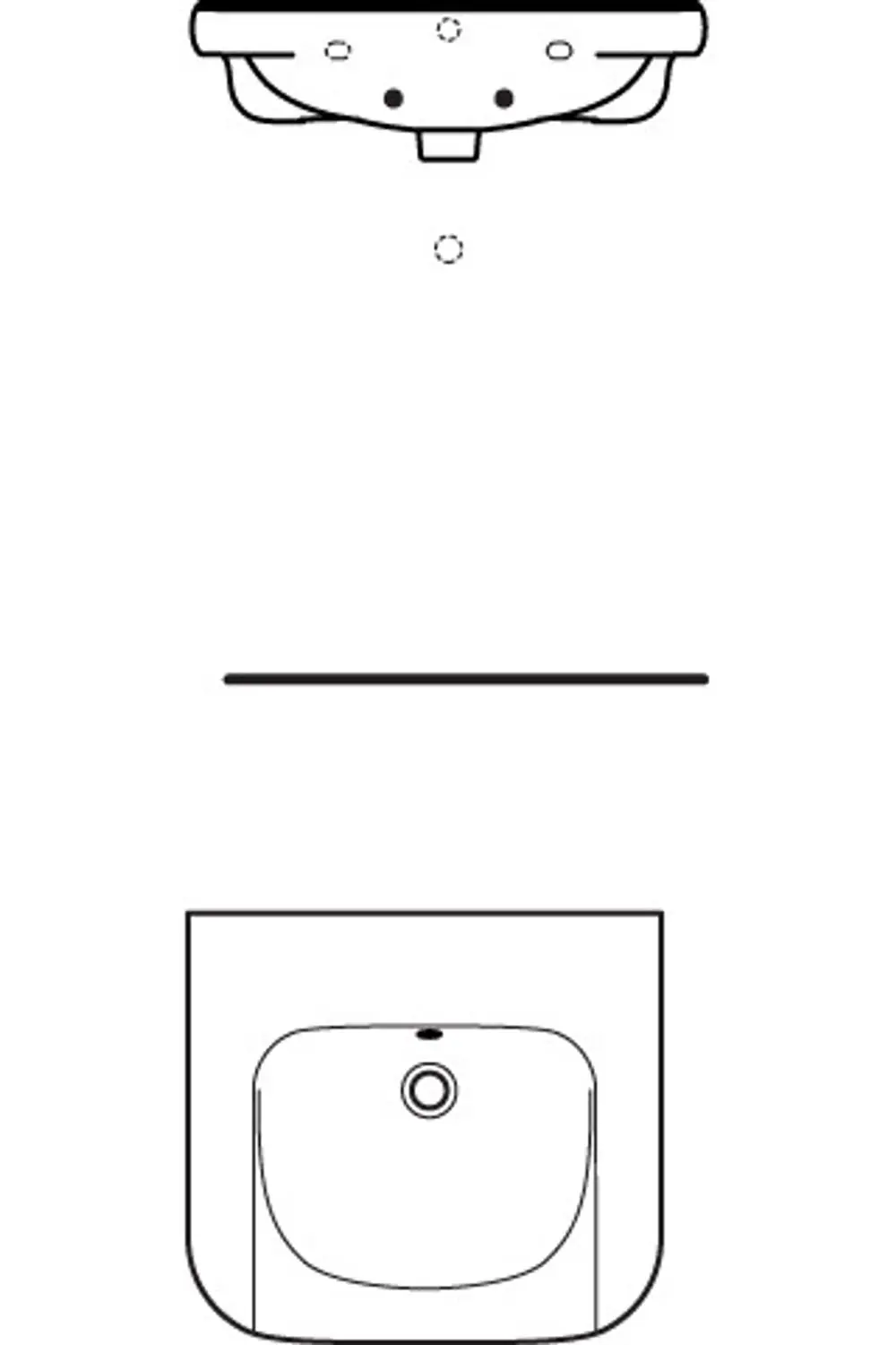 Waschbecken von Ideal Standard, mit abgerundeten Ecken, von oben und vorne gezeigt. Das Design ist unterfahrbar und ohne Hahnloch.